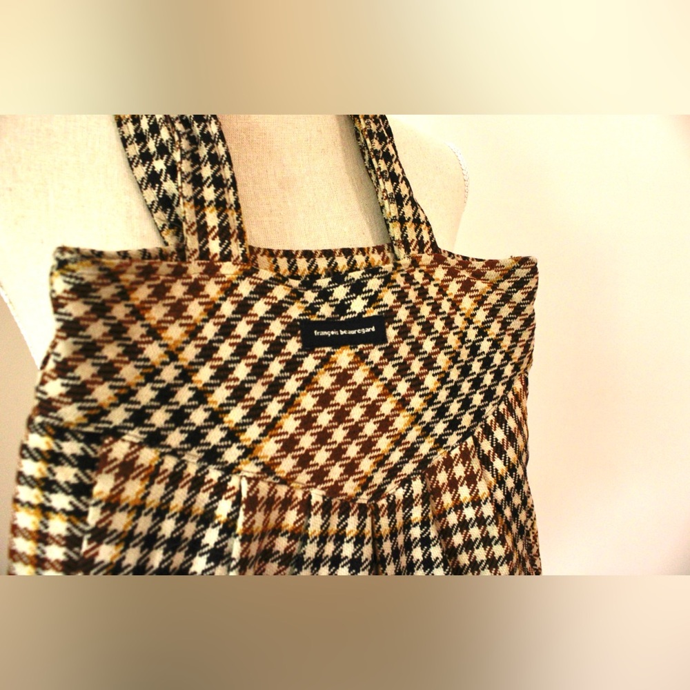 Francois Beauregard Brown Black Houndstooth Tote Handbag Boho Designer Small - Picture 2 of 16